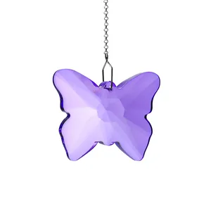 Attrape-soleil papillon en cristal facetté violet avec chaîne de suspension argentée pour jardin
