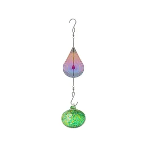 Rainbow gradient teardrop wind spinner with green spotted glass bird feeder pendant