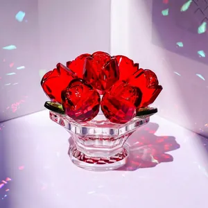 Figurine de Roses Rouges en Cristal de Roche de Luxe dans un Panier Fleurs de Rose en Verre Centre de Table pour Cadeau Fête des Mères Décoration Maison