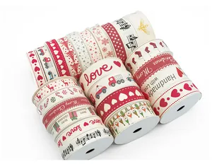 Detailansicht von 25 mm Baumwollbändern mit verschiedenen Herz- und Weihnachtsmotiven.
