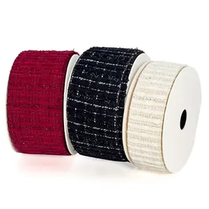 Elegant tweed ribbons in wine red, black, and cream for gift packaging and DIY crafts