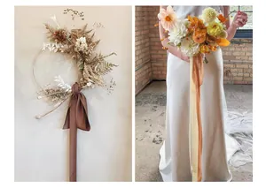 Silk ribbons with frayed edges used on a dried floral wreath and bridal bouquet