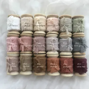 Real Silk Frayed Edge Ribbon Roll 5 Yards With Wooden Spool Hand-Frayed Chiffon Ribbon For Wedding DIY Craft Gift Wrap