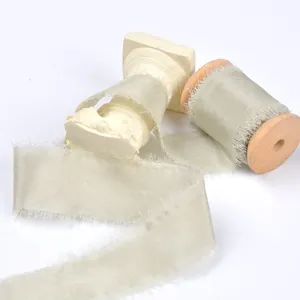 Champagne frayed edge silk ribbon with wooden spool for DIY crafts and decor