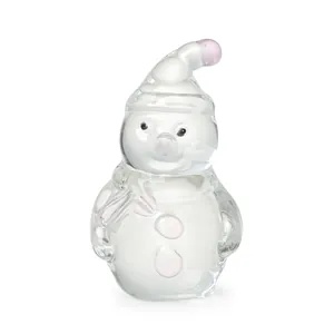 Detailed view of a clear crystal snowman ornament with pink accents for Christmas decor