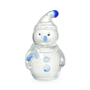 Detailed view of a clear crystal snowman figurine with blue accents for Christmas decor