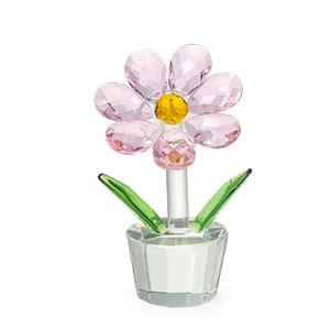 Exquisite pink crystal sunflower ornament in a clear faceted pot for elegant home decor