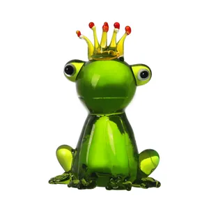 Exquisite handmade green glass frog prince figurine with golden crown miniature ornament