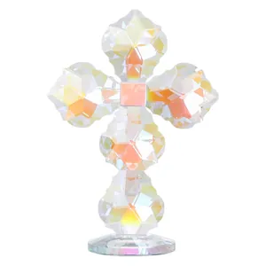 Elegant iridescent multifaceted crystal cross figurine for home decor and religious gifts.