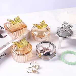 Vintage Crystal Glass Jewelry Box With Butterfly Metal Lid Champagne Smoke Gray Storage Jar For Rings Earrings Nail Cup