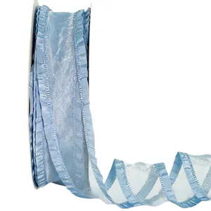 Light blue ruffled chiffon ribbon with wavy pleated edges for garment DIY crafts