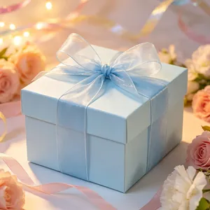 Light blue gift box with elegant 4cm sheer polyester ribbon bow and floral background
