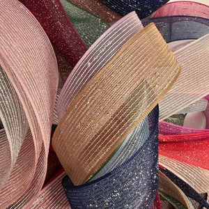 Multi-color glitter mesh ribbons with sparkling silver dots for DIY crafts and gift wrapping.