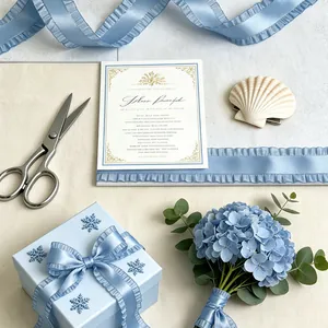 Sky blue ruffled polyester ribbon for DIY bow hair accessories and gift box wrapping