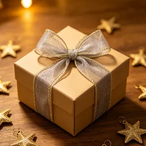 Elegant kraft paper gift box with a silver gold-edged sheer ribbon bow and star decor.