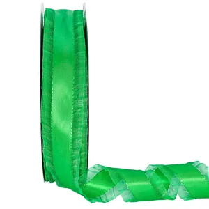 Vibrant green ruffled polyester ribbon for DIY bows and gift wrapping, main view on white background.