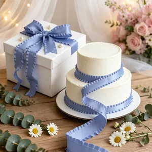 Elegant blue double-sided velvet ruffled ribbon for gift boxes and cake decoration