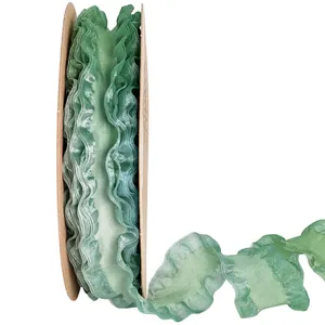 Green elastic ruffled organza ribbon roll for gift wrapping, hair bows and DIY crafts