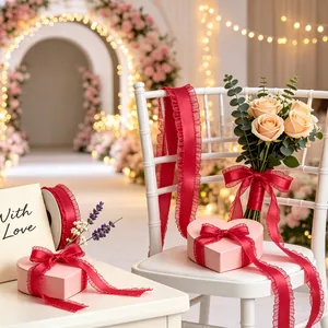 Red ruffled polyester ribbon for DIY bows, gift boxes, and flower bouquet packaging.