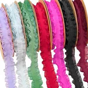 Elastic ruffled organza ribbons in assorted colors for hair bows and gift wrap packaging