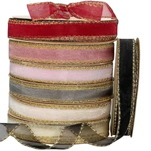 Assorted 2.5cm sheer ribbons with gold metallic edges for gift wrapping and hair bows