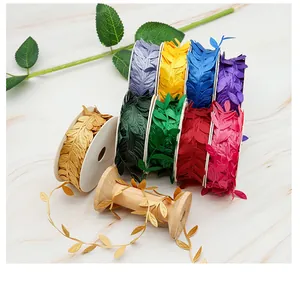 Detailed macro view of colorful leaf-shaped embossed ribbons for floral decoration