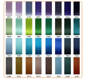 Carte de couleurs détaillée pour rubans satinés en polyester avec codes numériques.