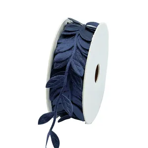 Navy blue leaf shaped embossed ribbon roll for floral gift wrapping and home decoration