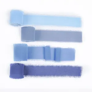 Premium frayed edge blue gradient chiffon ribbons for wedding and gift box decoration