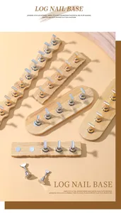 Macro detail of Japanese style wooden nail practice base with magnetic metal holders.