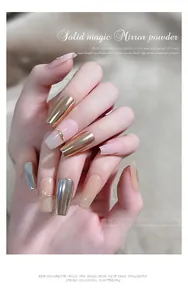 Detailed view of manicured nails using 4-color solid magic mirror powder for a chrome finish