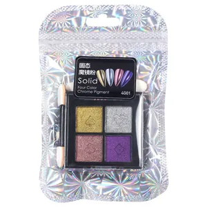 Professional four-color solid chrome nail powder palette in a holographic resealable bag