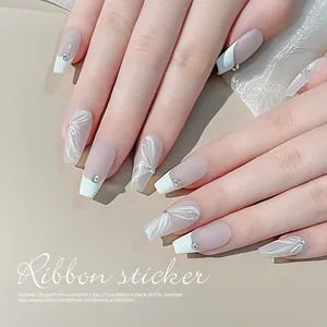 Elegant white ribbon bow nail stickers with crystal rhinestones for 3D DIY manicures