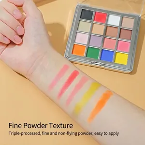 16-color solid eyeshadow palette with vibrant swatches on arm for professional makeup look