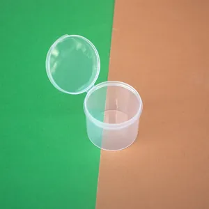 Small clear round PP plastic storage container with attached flip-top lid for sampling