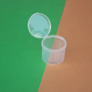 Detailed view of a clear round PP plastic container with a flip-top lid.