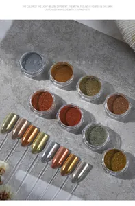 Macro view of 8-color metallic nail mirror powder set with reflective swatches