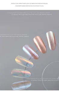 Macro view showing iridescent moonlight magic mirror nail powder effects for manicure
