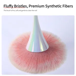Large professional nail dust brush with soft fluffy pink bristles and pearlescent handle