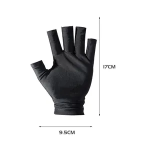 Detailed size view of black UV protection fingerless gloves for nail art