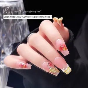 Elegant 3D alloy rose nail art charms with aurora rhinestones on nude pink nails