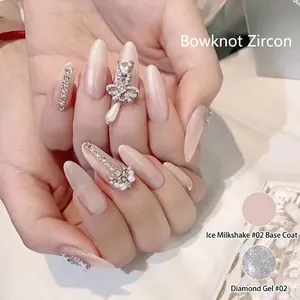 Elegant bow zircon nail art accessories with hanging pearls on pink gradient manicure decoration
