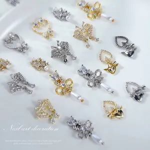 Luxury 3D bow and butterfly nail art charms with shiny zircons and pearls