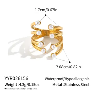 Detailed view of multi-layer 18K gold plated pearl ring with dimensions and specs
