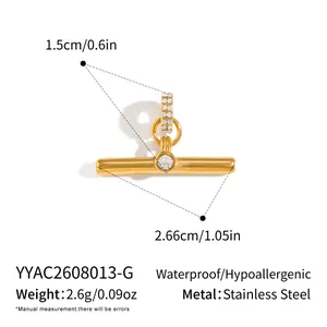 Gold T-bar pendant specifications showing size, weight and stainless steel material.