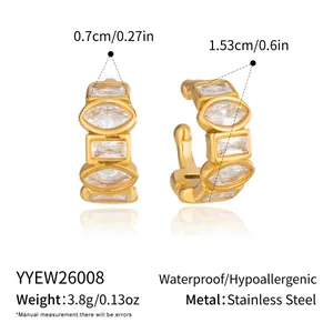 Detailed view of gold stainless steel ear cuff with clear zircons and dimensions