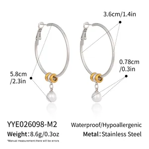 Detailed measurements of stainless steel hoop earrings with elegant pearl pendants.
