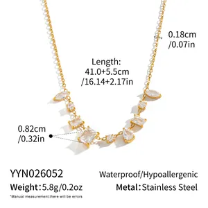 Detailed view of 18K gold plated necklace with geometric zircon charms and measurements.