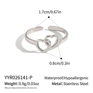 Detail view of a double heart stainless steel open ring with precise size and weight specs