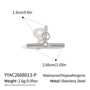 Detail view of a minimalist stainless steel T-bar pendant with size and weight info.